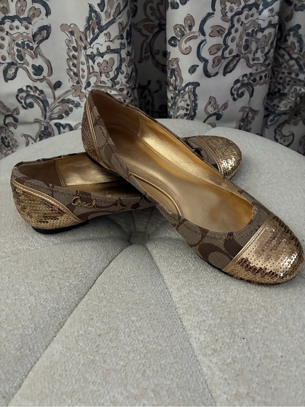Coach Brown Signature Canvas Ballet Flats with Gold Sequin Toe Cap